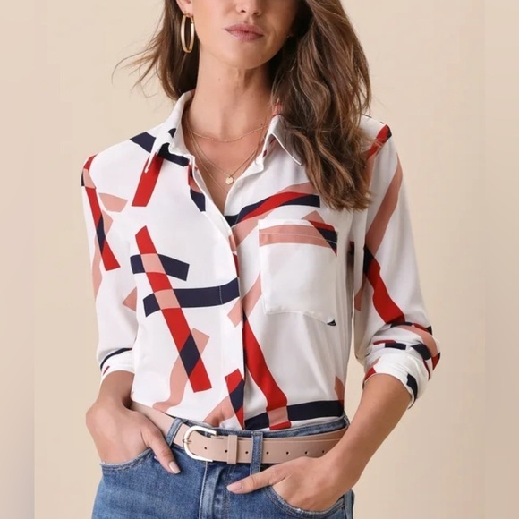 Lulus Tops - Lulus Camrose White Geometric Print‎ Button-Up Long Sleeve Blouse Size Small